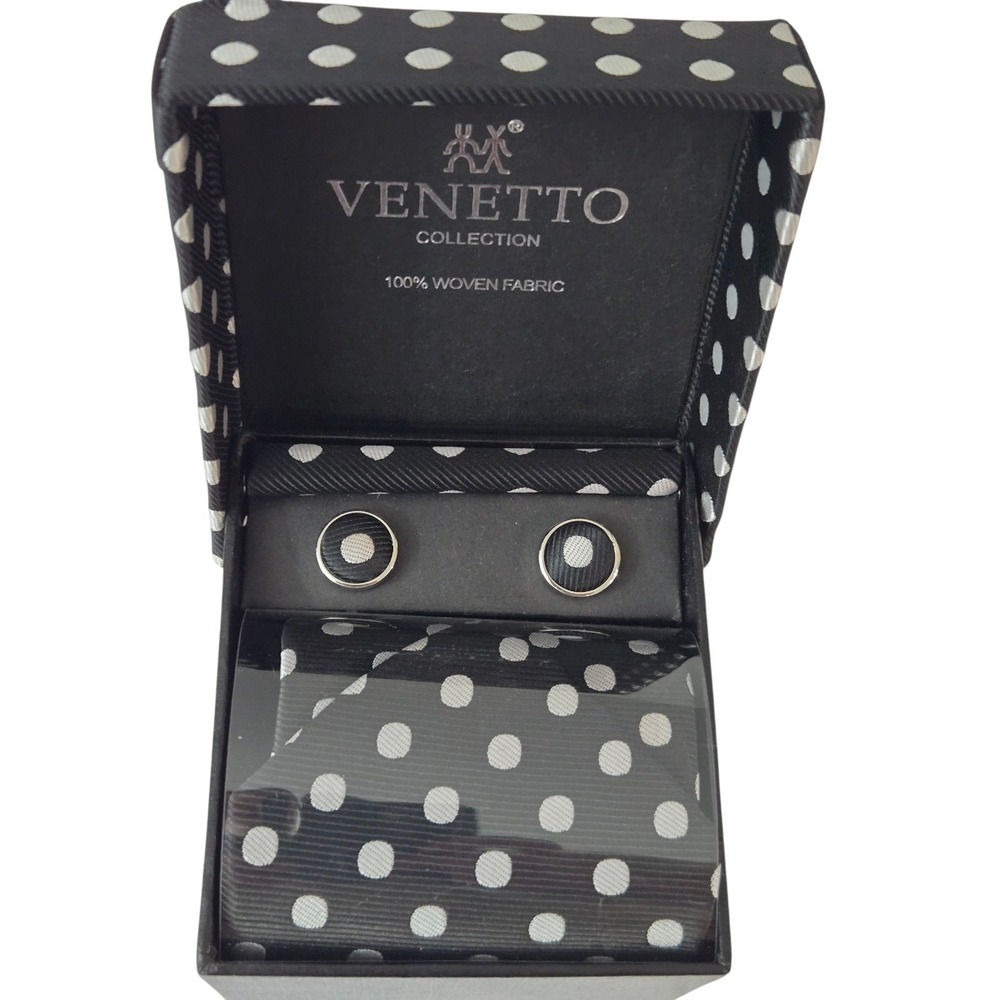 Venetto Collection Men's Tie & Cufflinks‎ Set Black White Polka Dot Woven Fabric